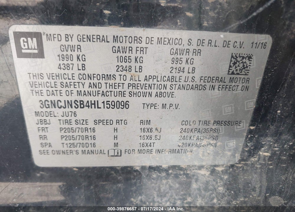 2017 CHEVROLET TRAX LS VIN: 3GNCJNSB4HL159096