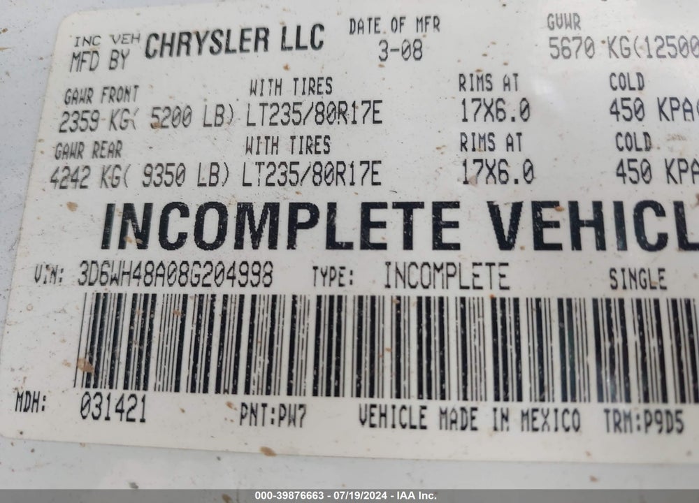 2008 DODGE RAM 3500 HD CHASSIS ST/SLT/LARAMIE VIN: 3D6WH48A08G204998