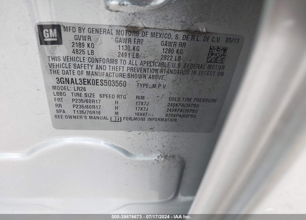 2014 CHEVROLET CAPTIVA SPORT LT VIN: 3GNAL3EK0ES503560