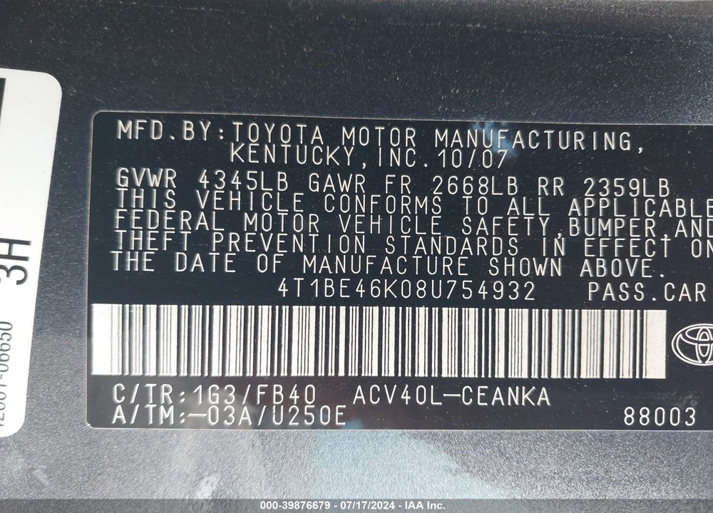 2008 TOYOTA CAMRY LE VIN: 4T1BE46K08U754932
