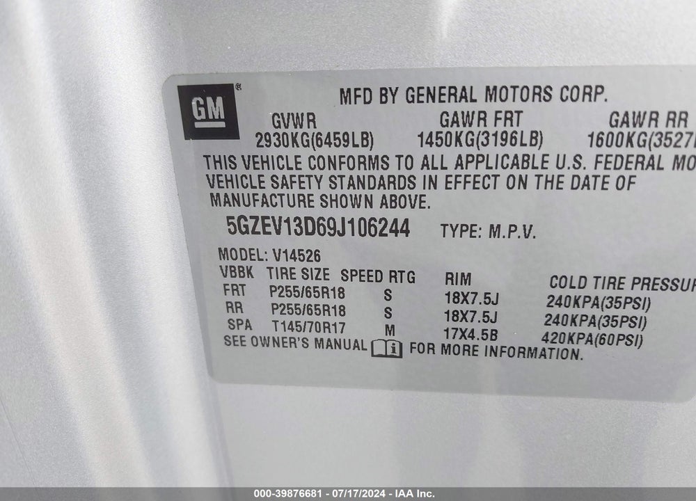 2009 SATURN OUTLOOK XE VIN: 5GZEV13D69J106244