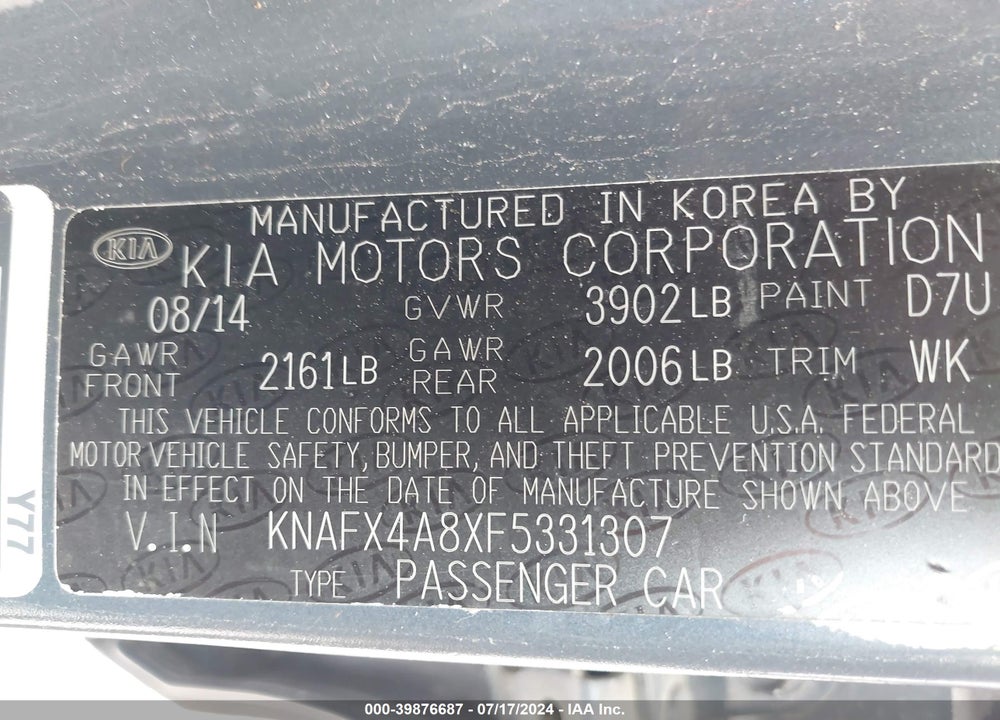 2015 KIA FORTE EX VIN: KNAFX4A8XF5331307