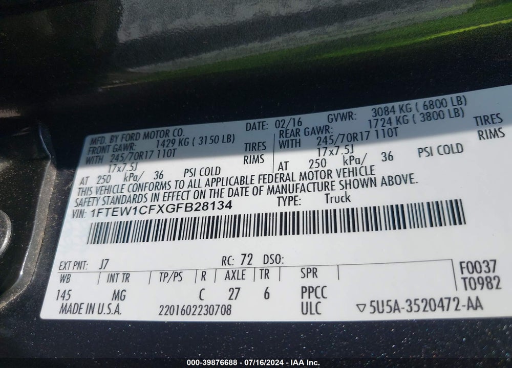 2016 FORD F-150 XLT VIN: 1FTEW1CFXGFB28134