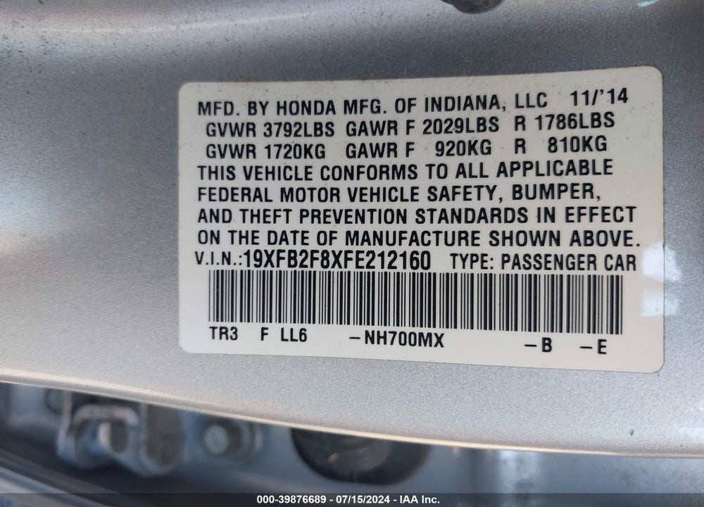 2015 HONDA CIVIC EX VIN: 19XFB2F8XFE212160