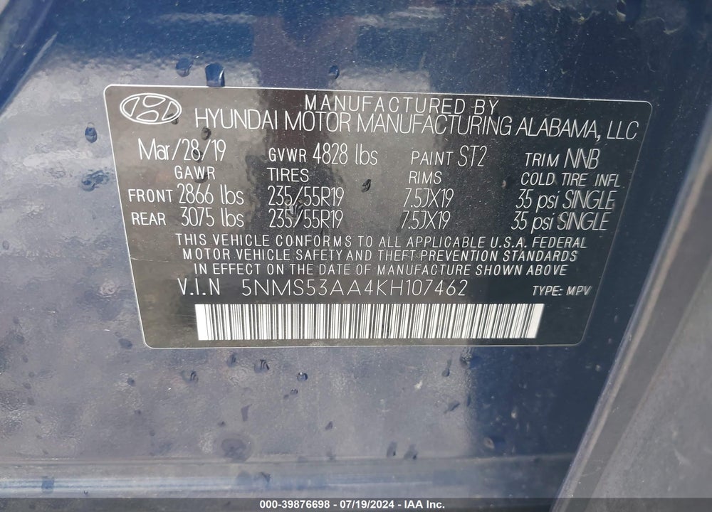2019 HYUNDAI SANTA FE LIMITED 2.0T VIN: 5NMS53AA4KH107462