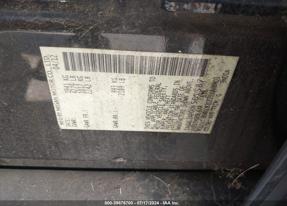 2012 NISSAN ALTIMA 2.5 S VIN: 1N4AL2AP0CN561587