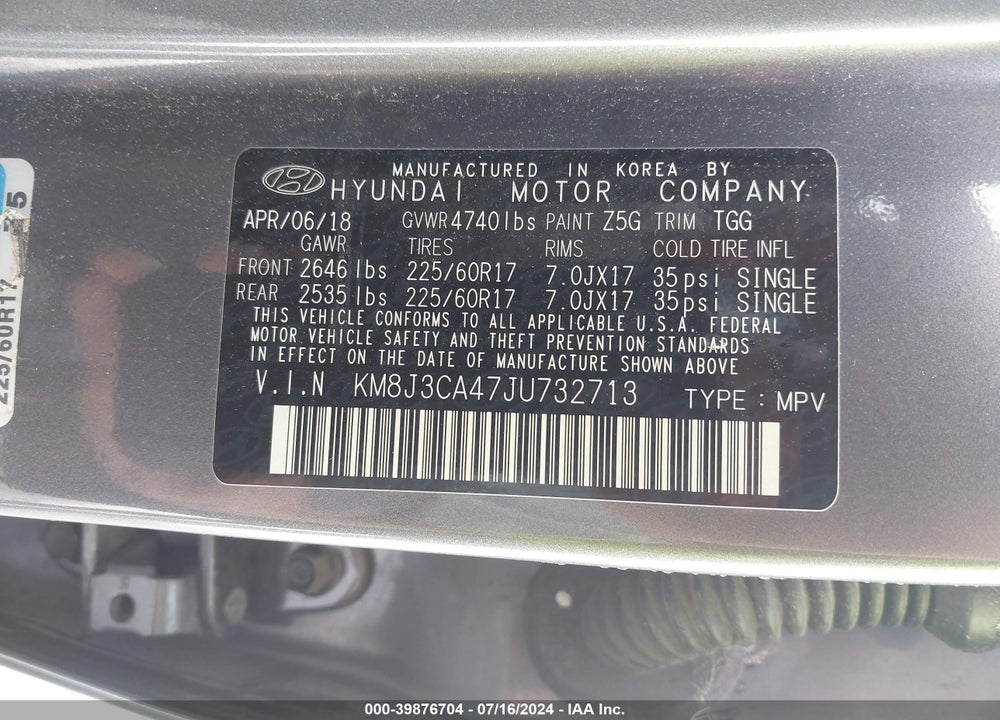 2018 HYUNDAI TUCSON SEL VIN: KM8J3CA47JU732713