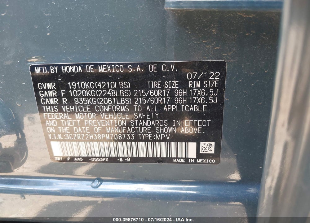 2023 HONDA HR-V AWD LX VIN: 3CZRZ2H38PM708733