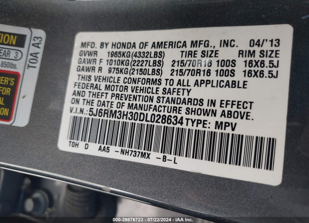 2013 HONDA CR-V VIN: 5J6RM3H30DL028634