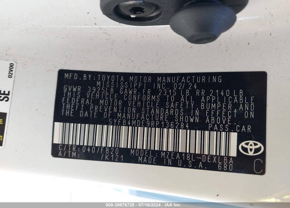 2024 TOYOTA COROLLA VIN: 5YFB4MDE9RP136284