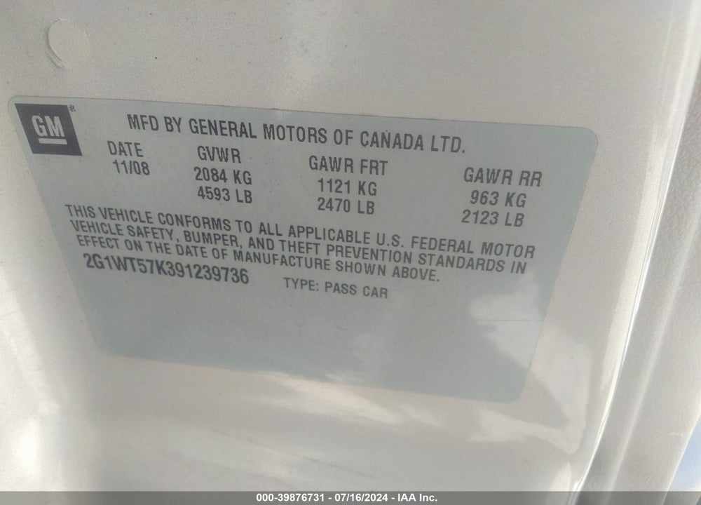 2009 CHEVROLET IMPALA VIN: 2G1WT57K391239736