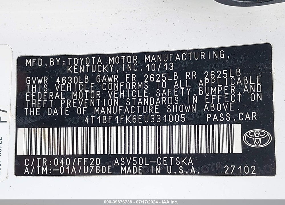 2014 TOYOTA CAMRY SE VIN: 4T1BF1FK6EU331005