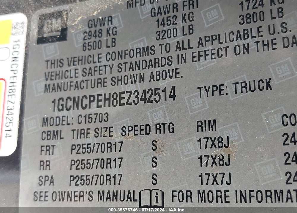 2014 CHEVROLET SILVERADO 1500 WORK TRUCK 1WT VIN: 1GCNCPEH8EZ342514
