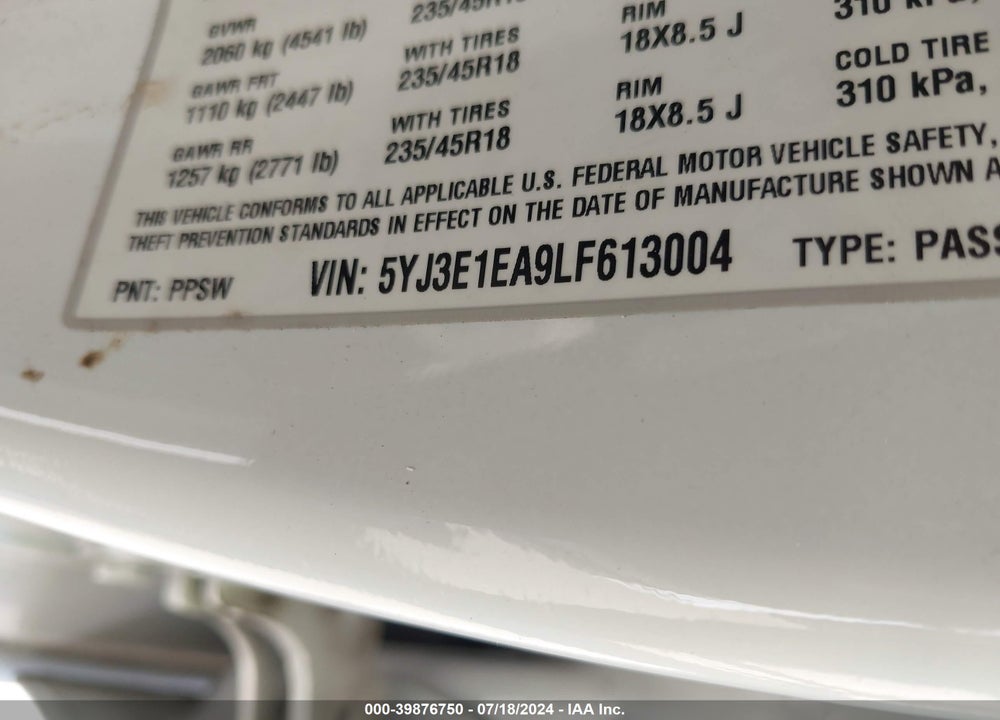 2020 TESLA MODEL 3 STANDARD RANGE PLUS REAR-WHEEL DRIVE/STANDARD RANGE REAR-WHEEL DRIVE VIN: 5YJ3E1EA9LF613004