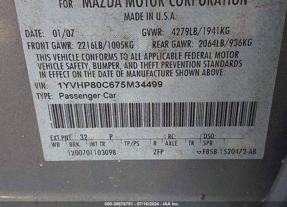 2007 MAZDA 6 I SPORT VE VIN: 1YVHP80C675M34499