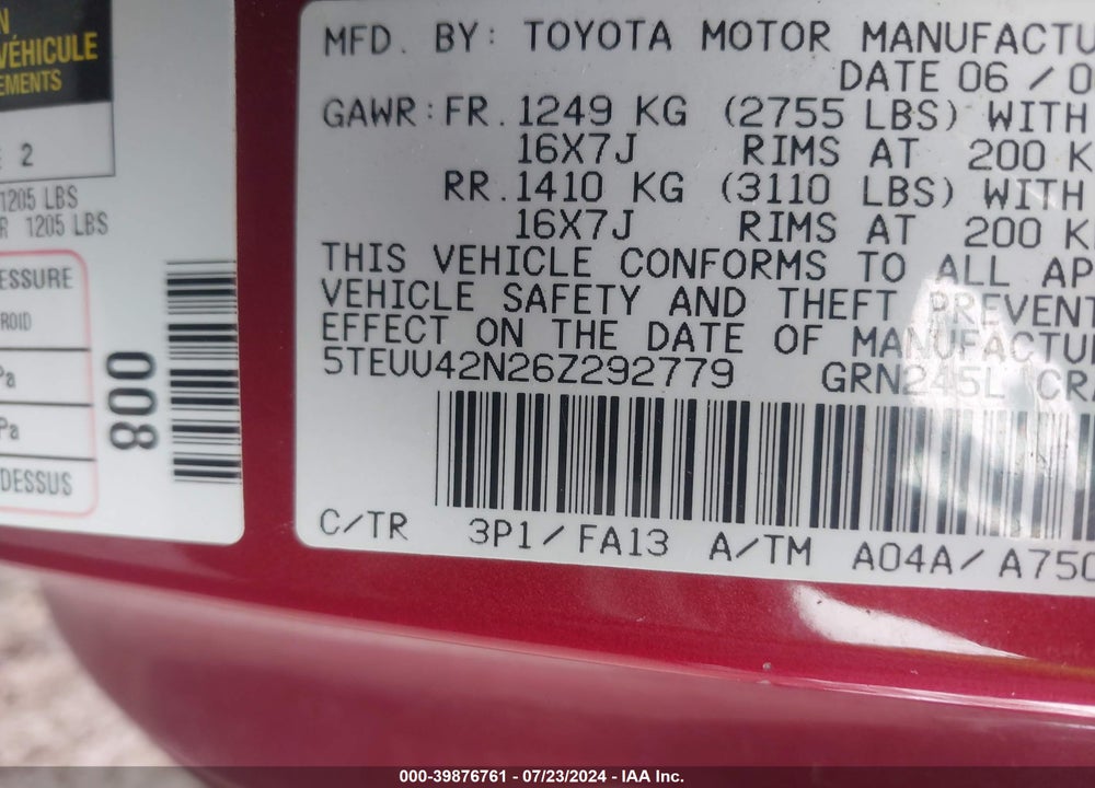 2006 TOYOTA TACOMA BASE V6 VIN: 5TEUU42N26Z292779