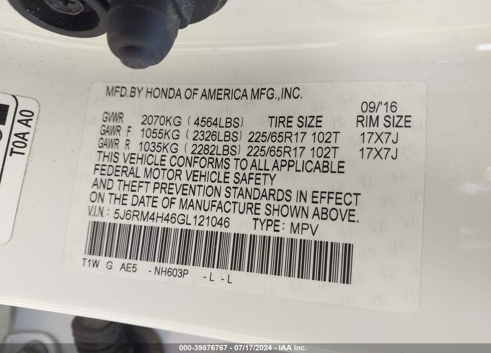 2016 HONDA CR-V SE VIN: 5J6RM4H46GL121046