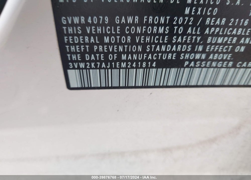 2014 VOLKSWAGEN JETTA 2.0L S VIN: 3VW2K7AJ1EM241814