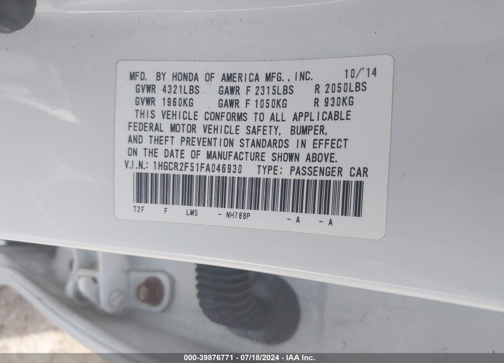 2015 HONDA ACCORD SPORT VIN: 1HGCR2F51FA046930