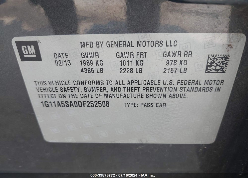 2013 CHEVROLET MALIBU 1FL VIN: 1G11A5SA0DF252508