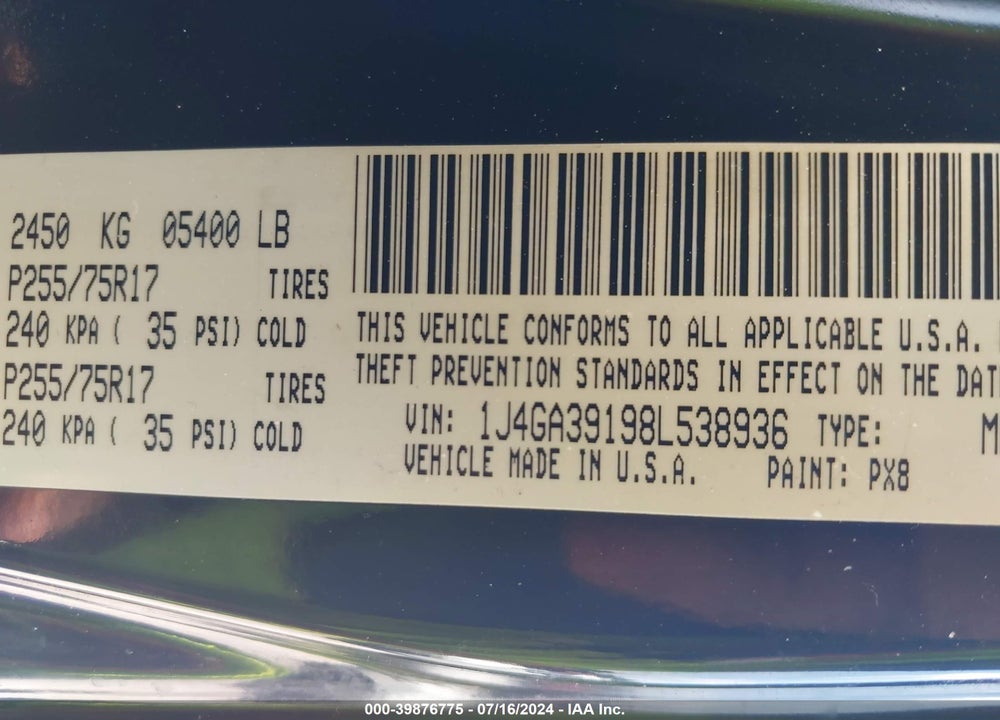2008 JEEP WRANGLER UNLIMITED X VIN: 1J4GA39198L538936