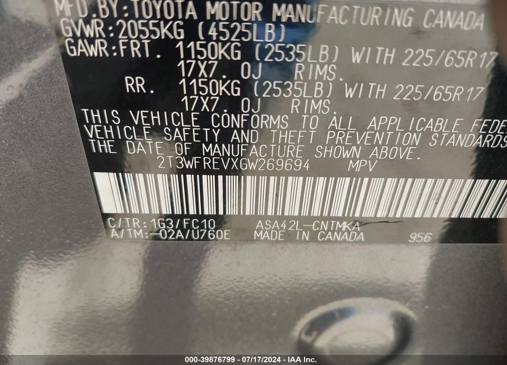 2016 TOYOTA RAV4 XLE VIN: 2T3WFREVXGW269694