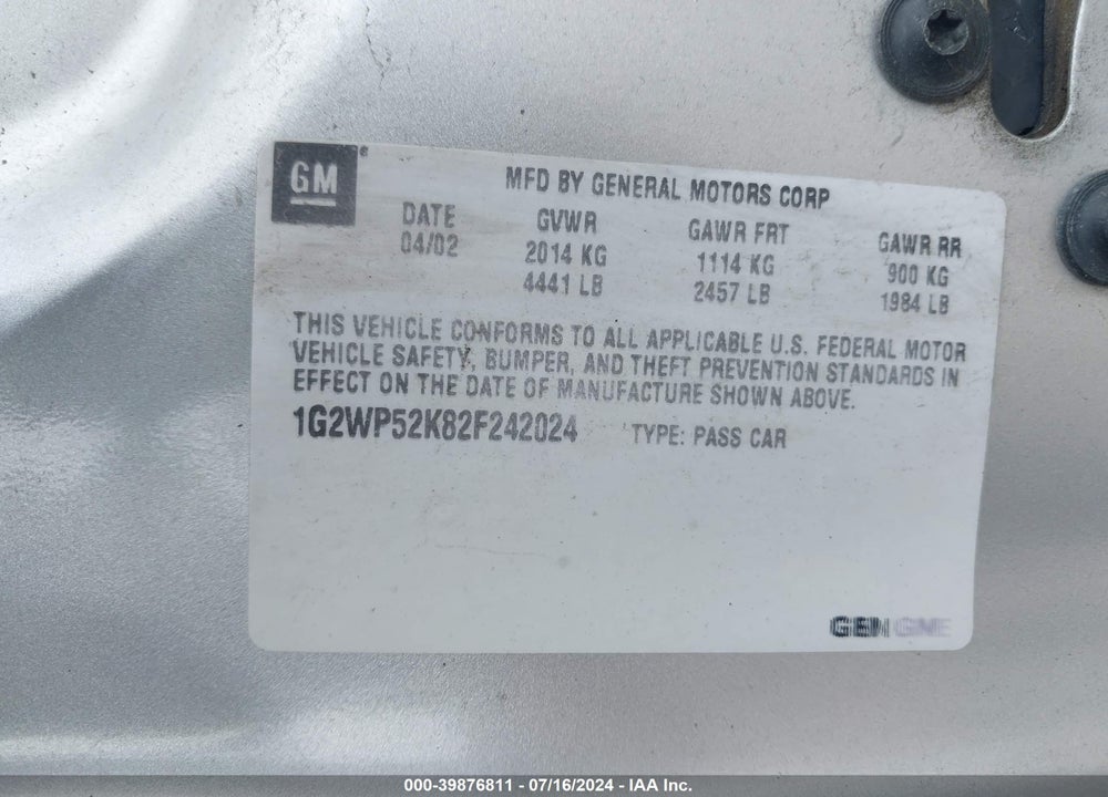 2002 PONTIAC GRAND PRIX GT VIN: 1G2WP52K82F242024