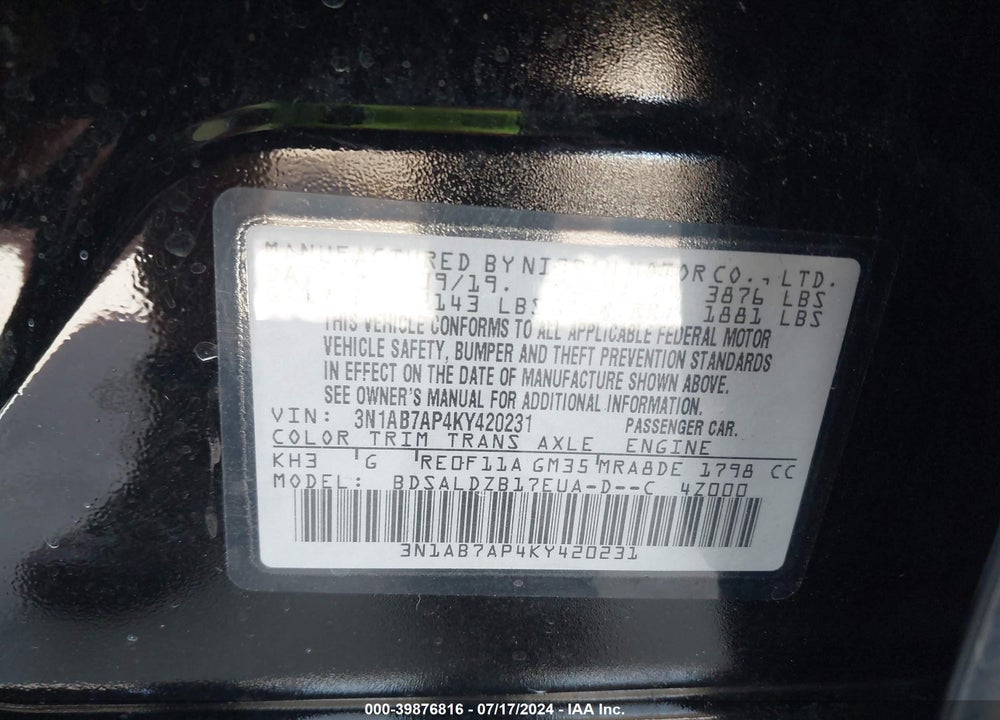 2019 NISSAN SENTRA SV VIN: 3N1AB7AP4KY420231