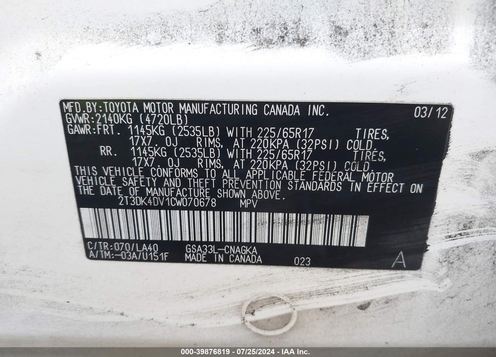 2012 TOYOTA RAV4 LIMITED V6 VIN: 2T3DK4DV1CW070678