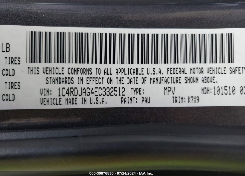 2014 DODGE DURANGO SXT VIN: 1C4RDJAG4EC332512