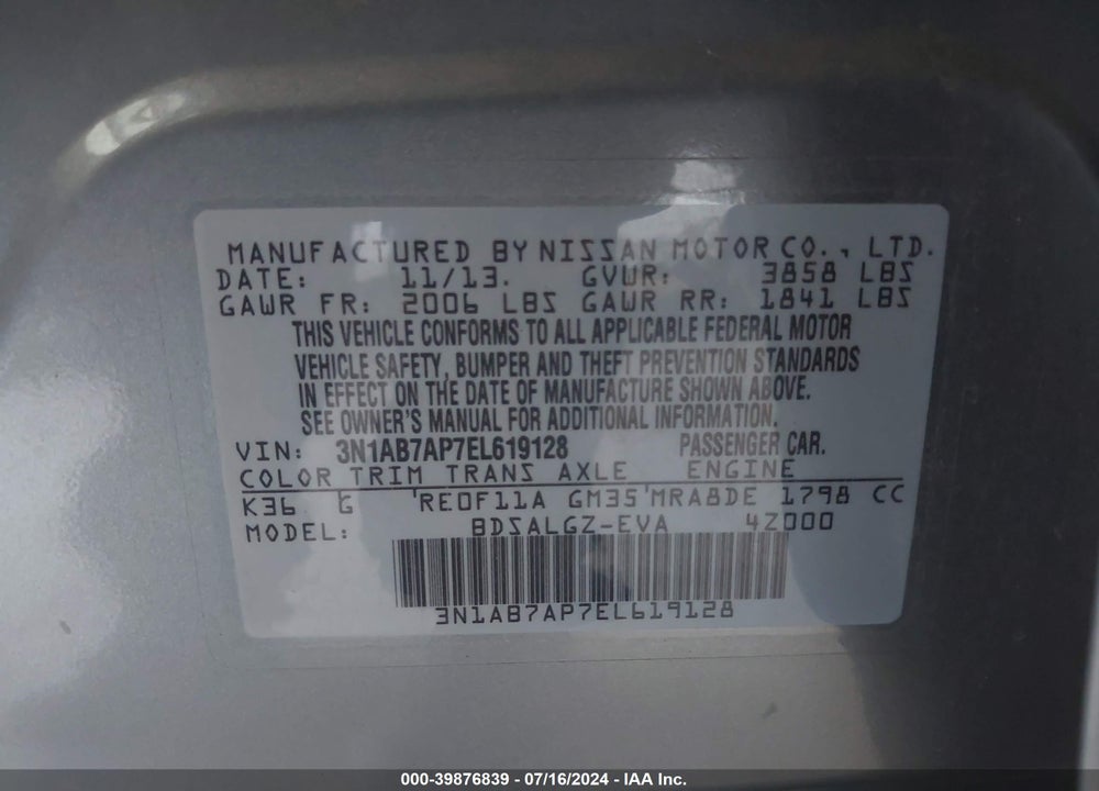 2014 NISSAN SENTRA SL VIN: 3N1AB7AP7EL619128