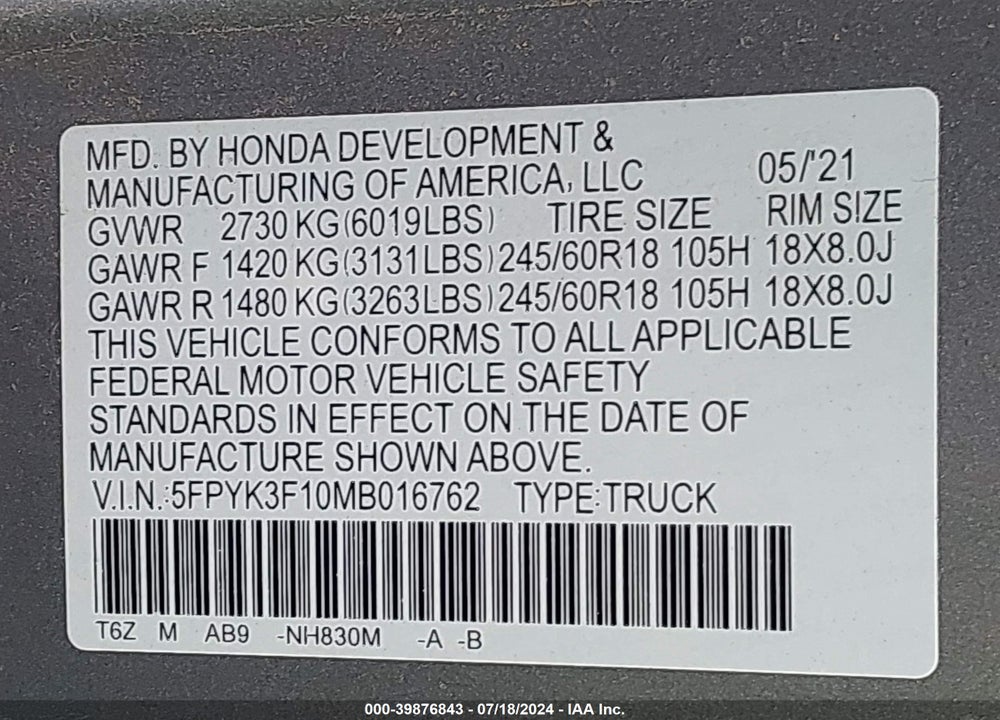2021 HONDA RIDGELINE AWD SPORT VIN: 5FPYK3F10MB016762