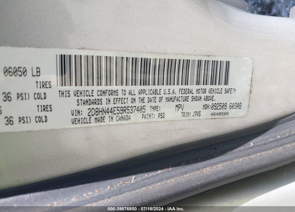 2009 DODGE GRAND CARAVAN SE VIN: 2D8HN44E59R537405