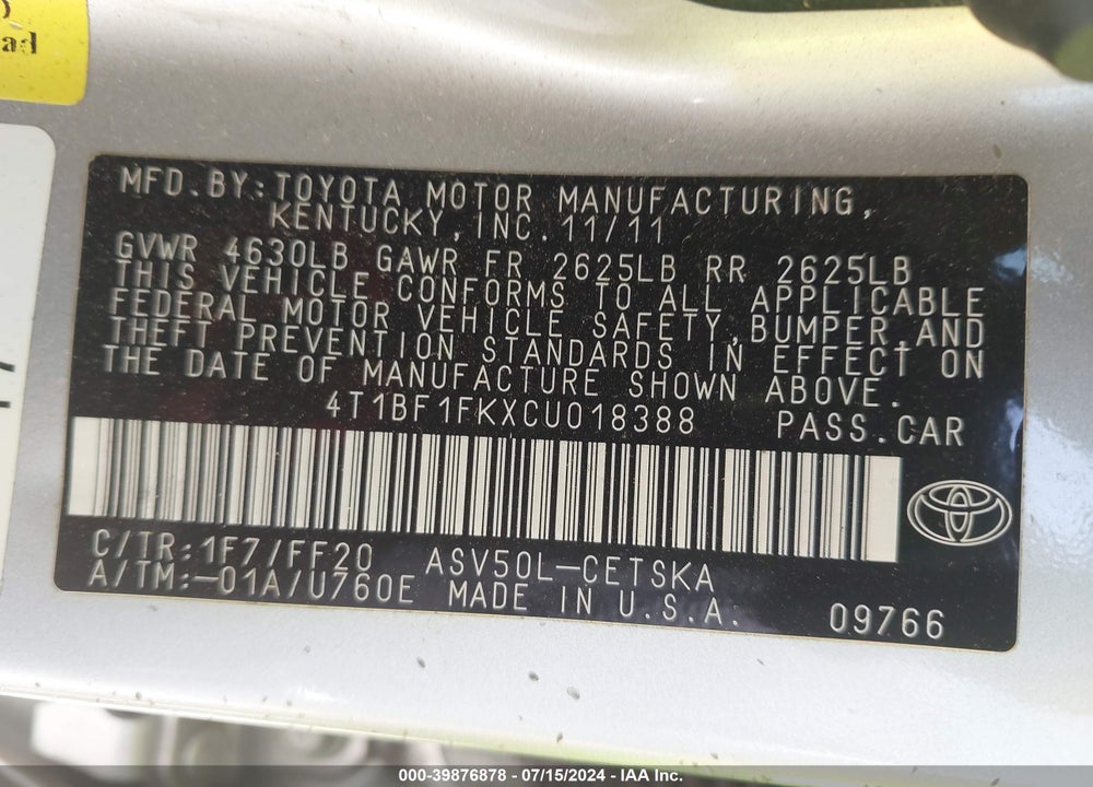 2012 TOYOTA CAMRY SE VIN: 4T1BF1FKXCU018388