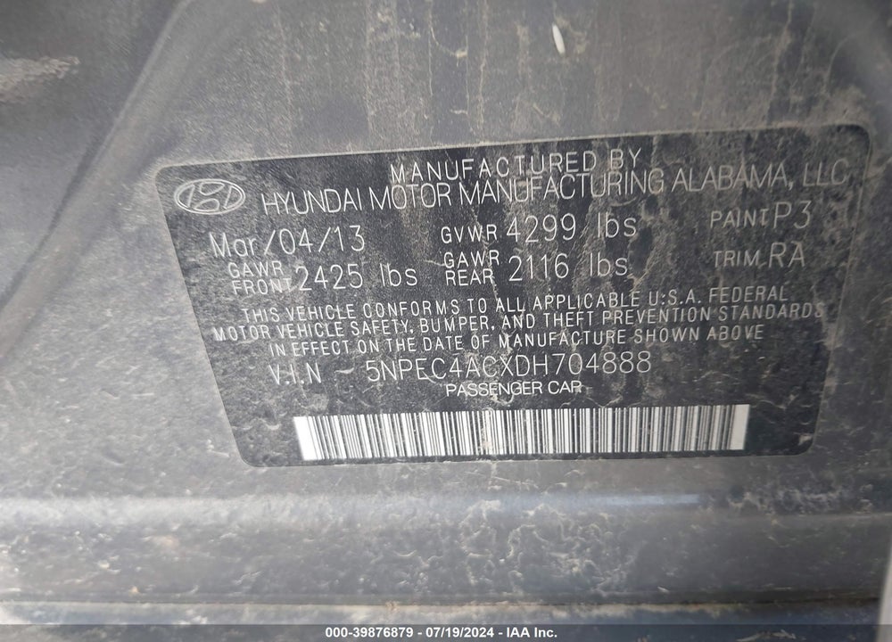2013 HYUNDAI SONATA SE VIN: 5NPEC4ACXDH704888