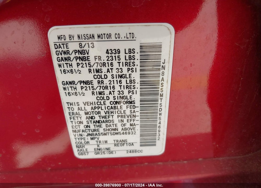 2013 NISSAN ROGUE S VIN: JN8AS5MT5DW546932
