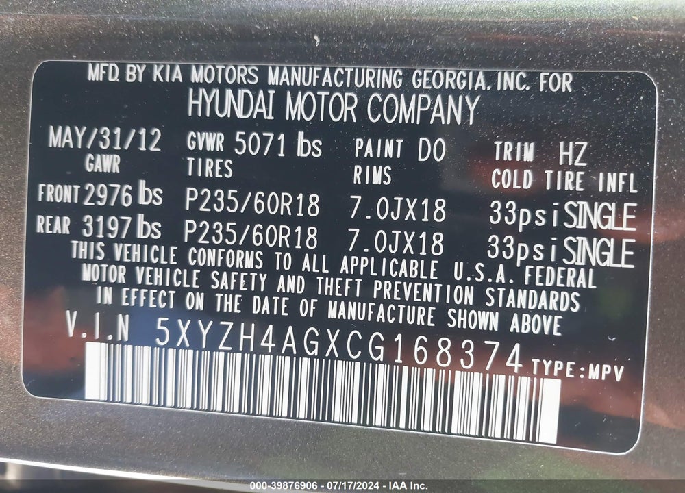 2012 HYUNDAI SANTA FE SE VIN: 5XYZH4AGXCG168374