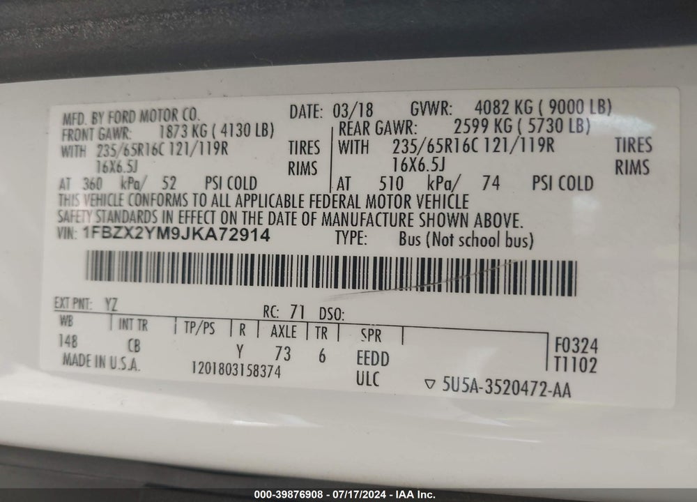 2018 FORD TRANSIT-350 XLT VIN: 1FBZX2YM9JKA72914