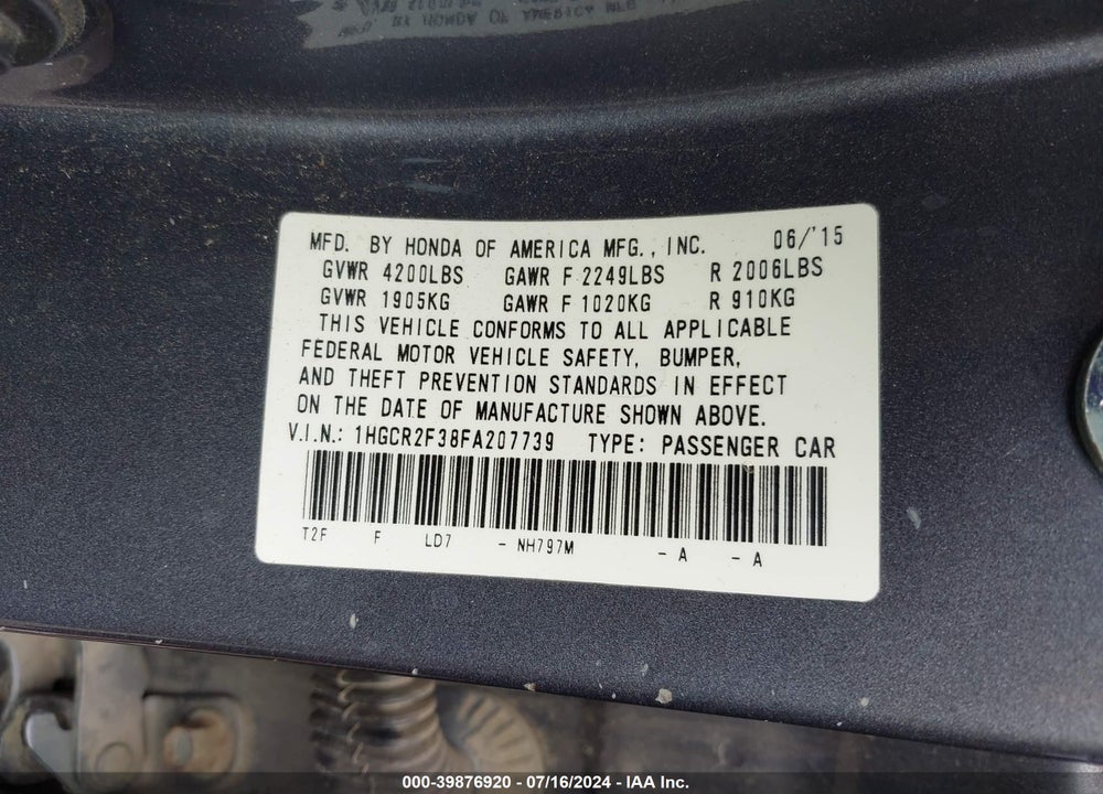 2015 HONDA ACCORD LX VIN: 1HGCR2F38FA207739