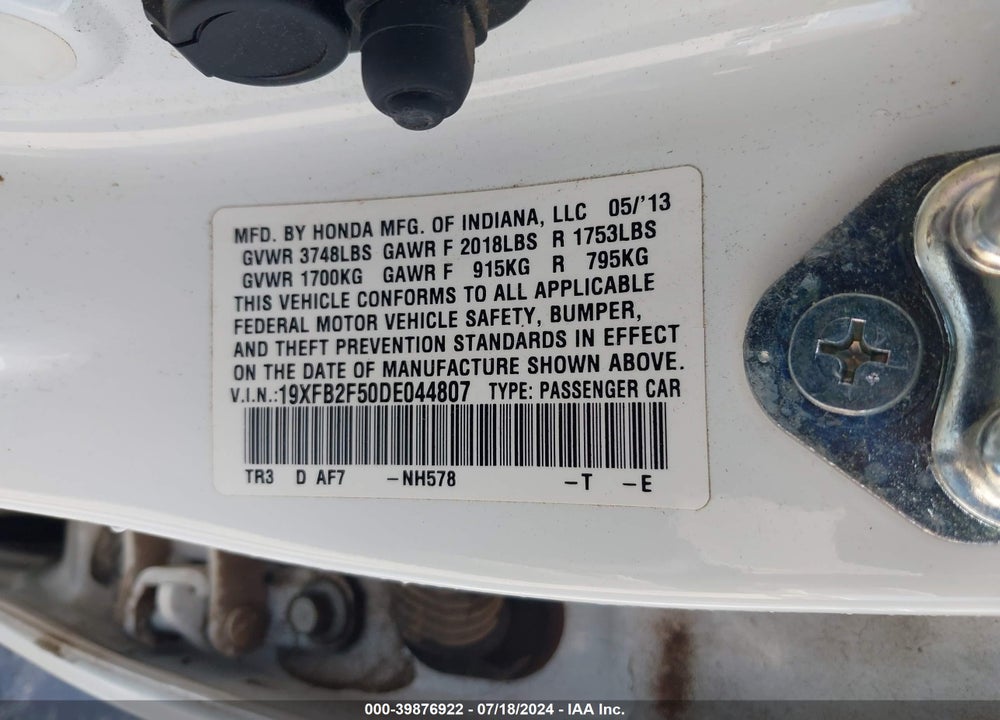 2013 HONDA CIVIC LX VIN: 19XFB2F50DE044807