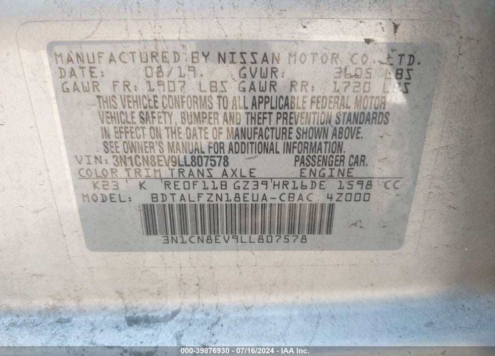 2020 NISSAN VERSA SV XTRONIC CVT VIN: 3N1CN8EV9LL807578