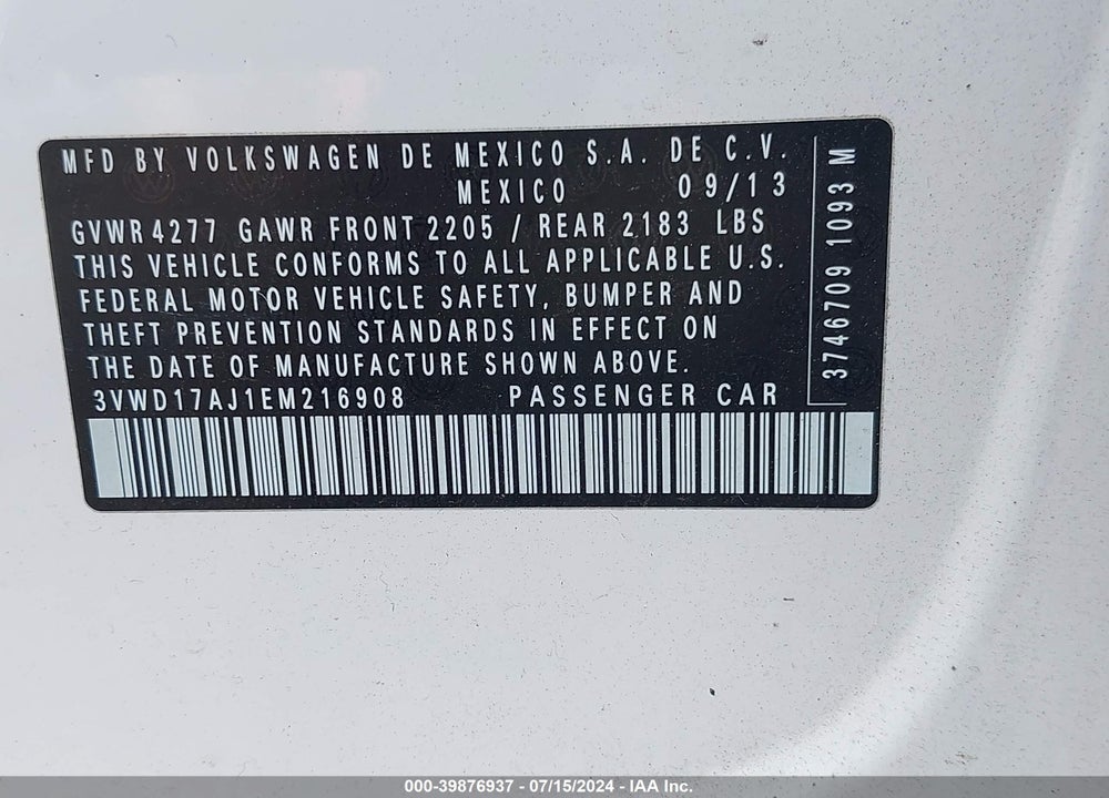 2014 VOLKSWAGEN JETTA 1.8T SE VIN: 3VWD17AJ1EM216908