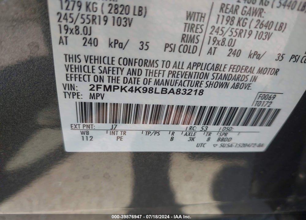 2020 FORD EDGE TITANIUM VIN: 2FMPK4K98LBA83218