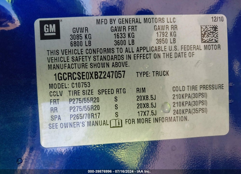 2011 CHEVROLET SILVERADO 1500 LT VIN: 1GCRCSE0XBZ247057