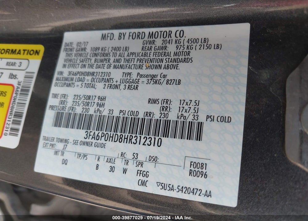 2017 FORD FUSION SE VIN: 3FA6P0HD8HR312310