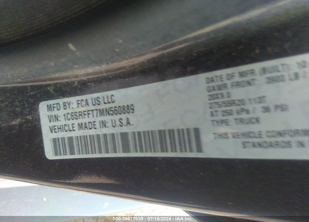 2021 RAM 1500 LONE STAR 4X4 5'7 BOX VIN: 1C6SRFFT7MN560889