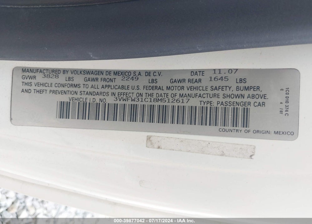 2008 VOLKSWAGEN NEW BEETLE BLACK TIE EDITION/TRIPLE WHITE VIN: 3VWFW31C18M512617
