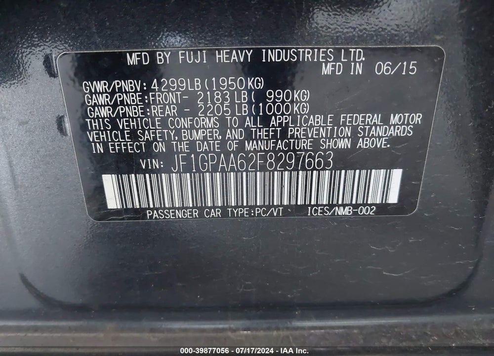 2015 SUBARU IMPREZA 2.0I VIN: JF1GPAA62F8297663