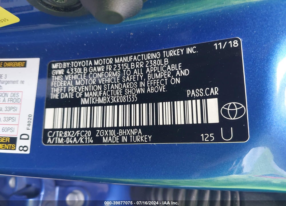 2019 TOYOTA C-HR LE VIN: NMTKHMBX3KR081335