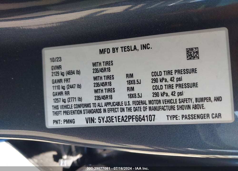 2023 TESLA MODEL 3 REAR-WHEEL DRIVE VIN: 5YJ3E1EA2PF664107